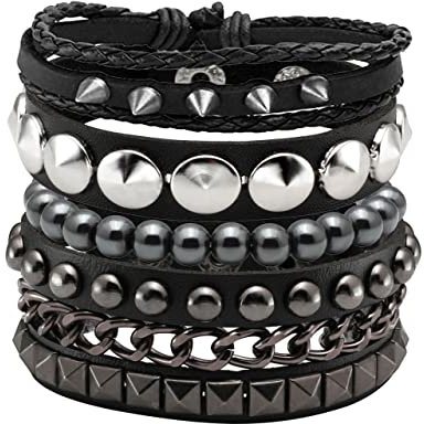 Manfnee 4 Stücke Punk Gothic Armband für Männer Frauen Leder Spike Rivet Metall Nieten Armbänder Wristbang