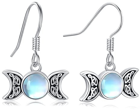 Triple Mond Göttin Ohrringe 925 Sterling Silber Hypoallergen Mondstein Mond Tropfen Ohrringe Amulett Pagan Wiccan Schmuck Mond Geschenke für Frauen Mädchen Damen