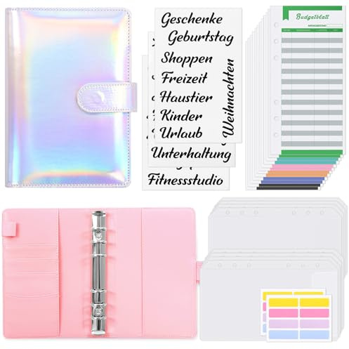 KONVINIT A6 Budget Binder,Budget Planner mit Geldumschläge und 12 Budgetbogen,6 Löcher Ringbuchordner Geld Mappe,Budget Organizer aus PU Leder,Silver