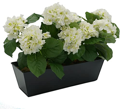 GreenBrokers Artificial White Hydrangea Flower Bush in Black Tin Window Box (45cm) with Nine Flower Clusters for Home or Outdoor Living