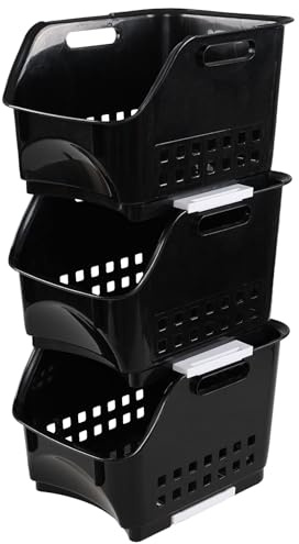 Hespama 3 Tiers Stacking Baskets, Plastic Stackable Plastic Storage Bins | Open Front Storage Basket Rack