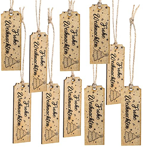 Geschenkanhänger Weihnachten 10 Stück aus Holz – 9 cm – Braun-Schwarz mit Aufschrift Frohe Weihnachten – Deko-Anhänger für Geschenke, Baumschmuck & Tischdeko – Logbuch-Verlag