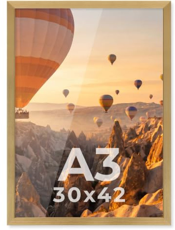 PHOTOLINI Bilderrahmen A3 Holz MDF Gold, A3 Bilderrahmen 30x42 Holz MDF, DIN A 3 Rahmen mit Acrylglas, Picture Frame 42x30 zum Aufhängen, Rahmen 42 x 30 mit Zubehör für DINA3 Fotos & Poster