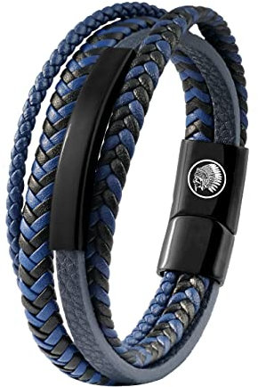 Casisto.J Lederarmband Herren Armband Herren Männer Leder Edelstahl Gravur Schwarz Braun Blau Geflochten mit Magnet Verschluss