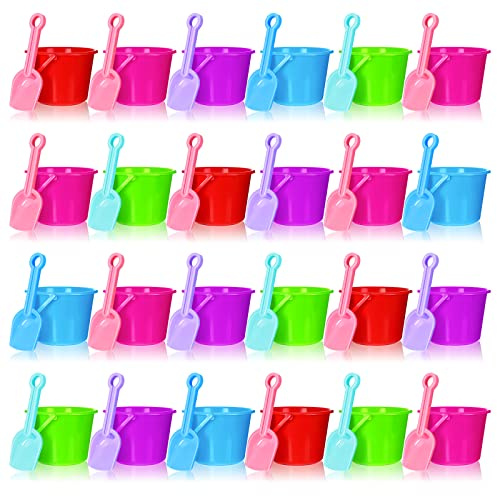 Junkin 48 Pcs Mini Plastic Beach Buckets and Shovels for Kids 6.3 Colored Plastic Small Beach Pail with Shovels and Sandbox Toys for Summer Party Gift and Prize(Cute)