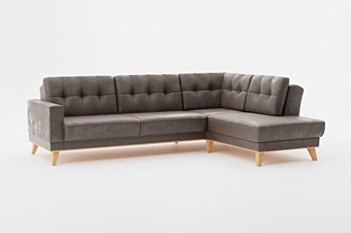 CAVADORE Ecksofa Lima mit Ottomane / L-Form-Couch in Wildlederoptik mit Schlaffunktion + Bettkasten / Holzrahmen + Steppung im Rücken / Mikrofaser, Hellbraun