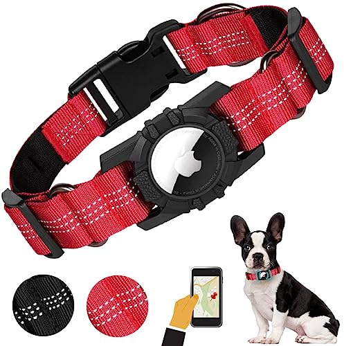 AgoumLux Airtag Hundehalsband Hunde Air Tag Halter Halsband Nylon Verstellbar Reflektierend für Kleine, Mittelgroße und Große, Rot, S