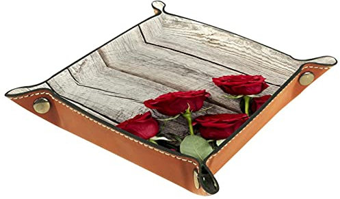 suojapuku rote Rosen aus Holz Ledertablett,Leder Tablett Taschenleerer Tablett für Aufbewahrungsschlüssel-Münzen-Schmuckuhr