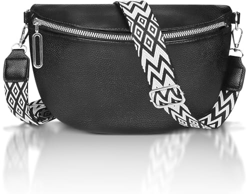 Umhängetasche Damen Groß, Bauchtasche Leder, Breiter Gurt Mit Reißverschluss, Crossbody Bag Handtasche für Reisen Einkaufen (Schwarz)