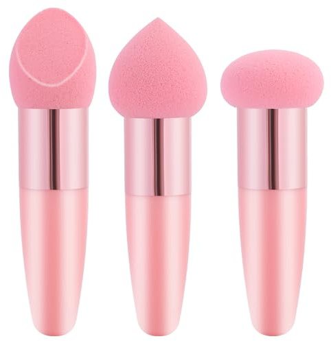 3 Pcs Makeup Foundation Sponge Pink Makeup Sponge Cosmetic Powder Puff Concealer Face Brush with Handle Applicator Brush