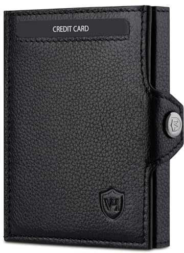 VON HEESEN Slim Wallet mit XXL Münzfach & RFID-Schutz - Leder Geldbeutel - Mini Geldbörse für Herren und Damen - Kartenetui Echtleder Karten Portemonnaie klein - Kreditkartenetui Schwarz