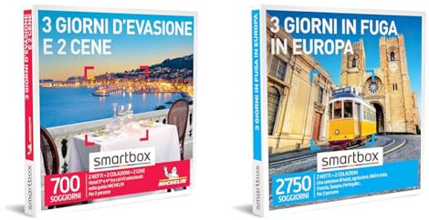 smartbox - Cofanetto Regalo 3 Giorni d'evasione e 2 cene - Idea Regalo Gourmet - 2 Notti con Colazione e 2 cene per 2 Persone & Cofanetto Regalo 3 Giorni in Fuga in Europa - Idea Regalo per la Coppia