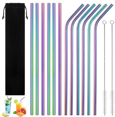 12 Stk 304 Edelstahl Strohhalme Wiederverwendbar, 6 Gerade + 6 Gebogen Bunte Trinkhalme Edelstahl mit 2 Reinigungsbürsten, Metall Strohhalm mit Aufbewahrungstasche für Cocktails,Smoothie und Säfte
