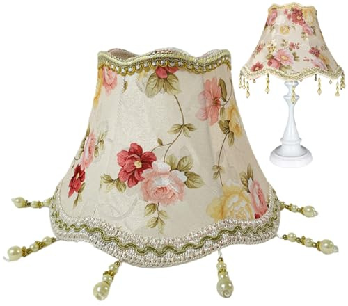 KYEQATY Blumen-Vintage-Lampenschirm mit Quastenperle 24.9 cm viktorianischer Lampenschirm Glockenform Boho-Stil Fransen-Lampenschirm für E27-Tischlampe