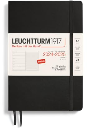 LEUCHTTURM1917 370808 veckokalender och anteckningsbok medium (A5) 2025, 18 månader (07.2024-12.2025), mjukt skydd, svart, engelsk