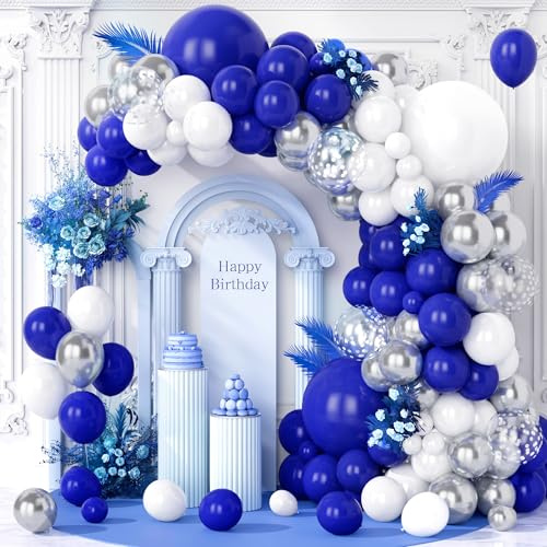 Teselife Globos Azul, 123 Piezas Kit Arco Látex Globos Azul Marino Blanco con MetáLico Plateado para Mujeres Niños Fiesta de Cumpleaños Baby Shower Boda Bautizo Graduación Aniversario Ducha Nupcial