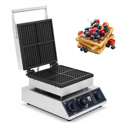 Commercial Waffle Maker,4 Pieces Square Nonstick Electric Waffle Iron, Temperature and Time Control Belgian Waffle Maker Machine for Breakfast,Bakery,Restaurant,Snack Bar or Home