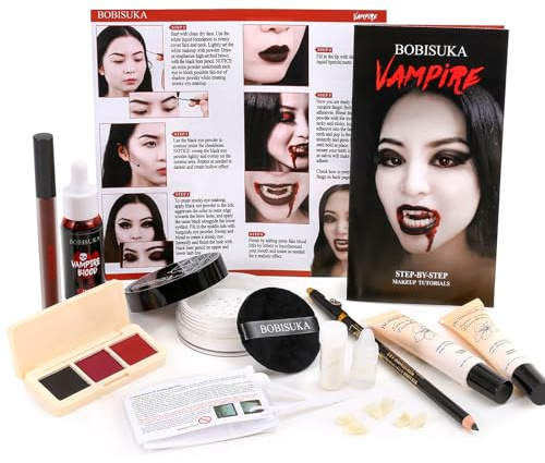 BOBISUKA Kit de Maquillaje Vampiro Halloween | Dientes Falsa,Sangre Falsa y Base Blanca,Perfecto para Cosplay,Fiesta de Disfraces,Escena,Cine y Teatro