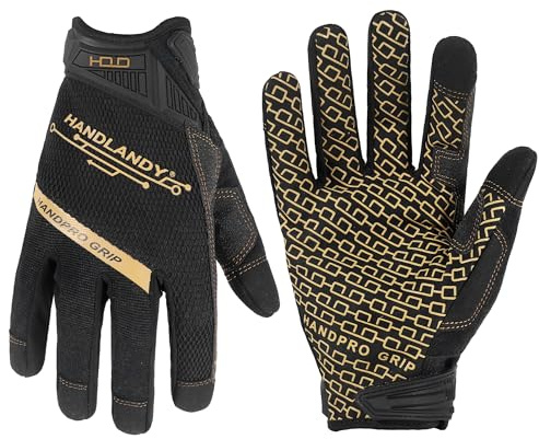 HANDLANDY Safety Work Gloves, Mechanic Working Gloves, Smoky Black, L | Mens Womens Work Gloves, Breathable Flexible Synthetic Leather Touchscreen Grip Glove, for Construction, Warehouse, Carpentry