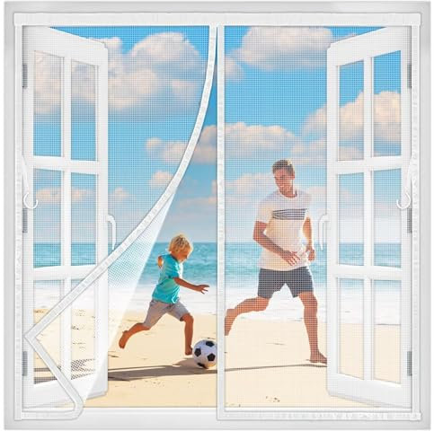 Moustiquaire de Fenêtre Magnétique 130x130 cm, Rideau en Maille Robuste avec Aimants, Crochet et Boucle Cadre Plein, Animaux Domestiques et Enfants Blanc Version-Améliorée