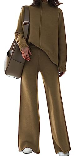 Viottiset Tuta da donna lavorata a maglia, con colletto alto, 2 pezzi, marrone, XL