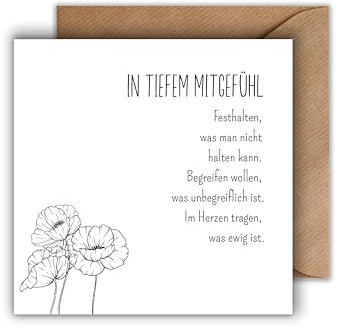 Trauer Karte mit Umschlag - einfühlsame Trauerkarte mit Spruch Weiße Blumen aufrichtige Kondolenzkarte besinnliche Beileidskarte Gedenkkarte Beileid Trauerfeier Beerdigung Anteilnahme (125 x 125 mm)