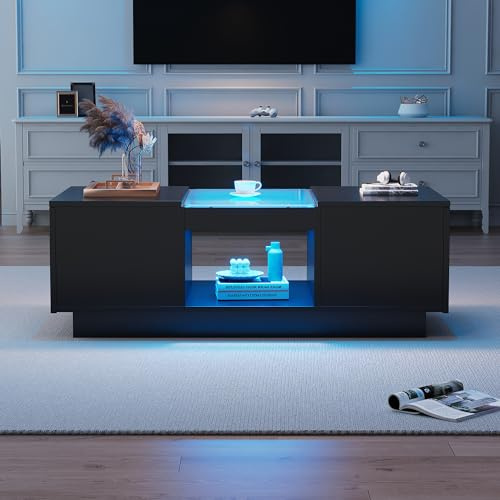 BTM Schwarzer Couchtisch 100x50x35,5 cm – mit Glasverkleidung, LED-Beleuchtung, App-Steuerung, 2 Schubladen und 1 offenes Fach