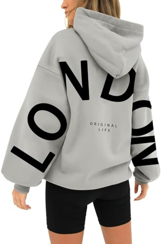 Uwdiohq Damen Pullover Mit Kapuze Aufdruck Auf Der Rückseite Einfarbige Hooded Hoodie Y2K Vintage Sweatshirt Casual Langarmshirt Mit Taschen Warme Bequem Kapuzenpullover Große Größen Damen