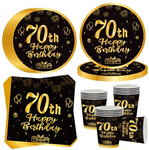 OMZSXK 70. Geburtstag Partygeschirr für 16 Gäste,Schwarz Gold 70. Geburtstag Partyteller Geburtstag Geschirr,70. Geburtstag Pappteller Becher Servietten für Männer Frauen Happy Birthday Decor