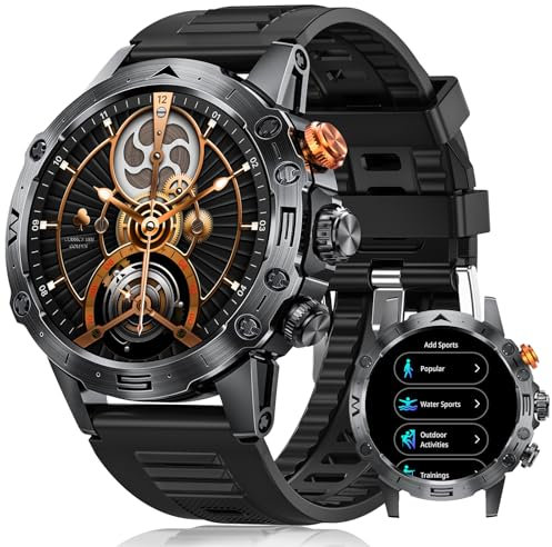 DekeFit Smartwatch Uomo Militare con Chiamate Bluetooth, 1.53'' IPS Orologio Fitness, 120+ Modalità Sportive, IP68 Impermeabile Contapassi, Cardiofrequenzimetro SpO2 e Sonno per Android iOS, Nero