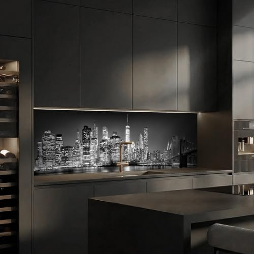 Dedeco Küchenrückwand Motiv: New York V2, 3mm Aluminium Alu-Platten als Spritzschutz Fliesenspiegel zum Aufkleben Wandschutz wasserfest, UV-Lack matt, alle Untergründe, 220 x 60 cm