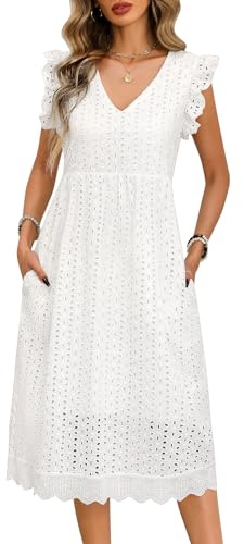 UMIPUBO Vestiti Estivi Donna Cotone Scollo a V Midi Vestito Senza Maniche Ruffles con Tasche Eleganti Boho Abito da Spiaggia Casual Colori Solidi Abiti Estivo (Bianco, L)