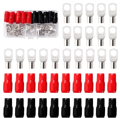 YIXISI 40 Stücke M8 SC16-8 AWG6 Ringkabelschuhe Set, Röhrenförmige Batteriekabelenden, Kupferkabelschuhe, mit Isoliertüllen Sleeve, für Elektrokabel, Silber