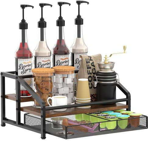 Alyoen Coffee Syrup Organizer Rack, 3-Tier Coffee Station Organizer for Countertop, Coffee Bar Organizer with 35K Cup Storage Basket, Coffee Syrup Holder Stand for Coffee Bar Accessory, Syrup - Wine