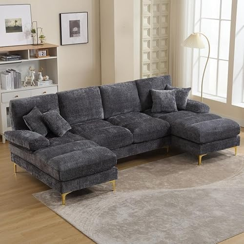 LIFEISLE 272CM Lange Sofa U-Form, Groß Couch mit Liegensitzen, Modulares Sofa 4 Sitzer Ecksofa mit Schlaffunktion für Wohnzimmer, Chenille-Stoff Grau