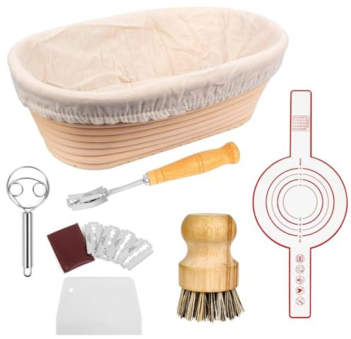 10 inch Bread Proofing Basket Set 100% Natural Bread Banneton Proofing Basket Oval Banneton Bowl Sourdough Bread Making Tools with Silicone Bread Sling .Dough Whisk, Dough Scraper, Bread Lame, Brush