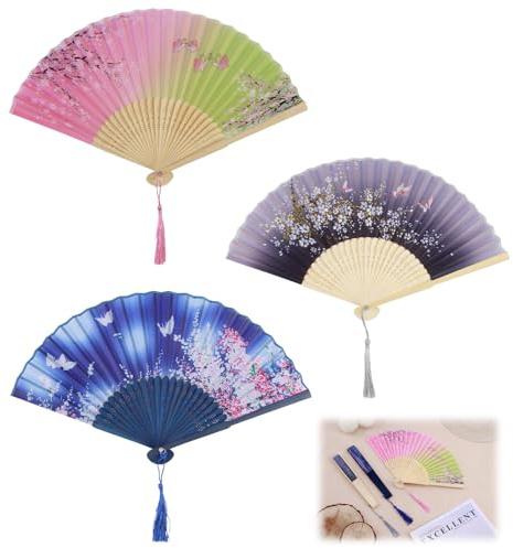 3 ventagli a mano in stile cinese con nappe, scomparti pieghevoli, scomparti in legno intagliati in bambù, scomparti pieghevoli in bambù con nappa per danza, cosplay, feste, oggetti di scena