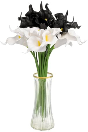sourcing map 20pcs Artificial Calla Lily Fake Silk Flowers Bouquet Real Touch for Home Garden Wedding Party Decoration, Black/White