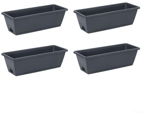 Plastfönster blomma växtlådor 4 st rektangulära med dränering och spill fångstbrickor för hälsosam tillväxt av grönsaker, suckulenter och prydnadsblommor (mörkgrå)