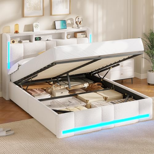 AOGLLATI Polsterbett 140×190 mit Steckdosen & LED Beleuchtung, Doppelbett mit Stauraum Kopfteil & Hydraulischem Stauraum, Bettgestell mit Lattenrost, Jugendbett 140×190, Bouclé, Ohne Matratze, Beige