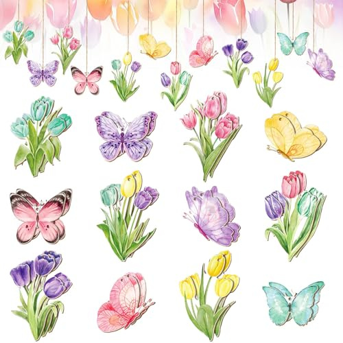 Holz Deko Frühling 24 PCS Holzanhänger Frühling Frühlingsdeko Holz Bunt Frühlings zum Aufhängen Hängedeko Holzanhänger Blumen Anhänger Tulpen Schmetterlinge für Zweige,Türen,Fenstern,Gärten,Höfen