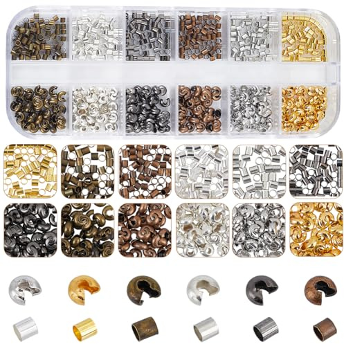 PONABEADIY 1 scatola Da 600 pezzi di Perline di Ottone per Crimpare, Copri Tubo, Distanziatore In Metallo per Crimpare, Argento Dorato Colorato, Piccolo Tappo per Estremità, Perline Sfuse per La Creaz