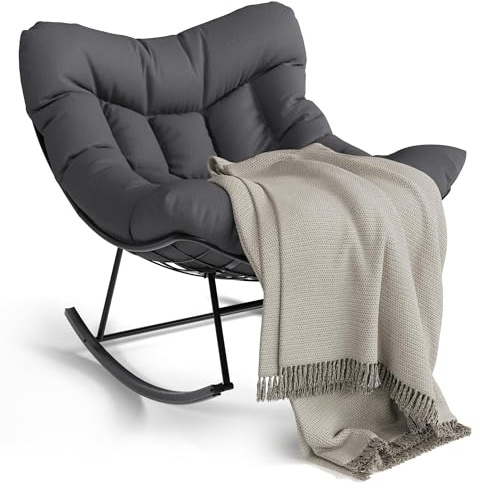 Garvee Eiersessel Schaukelstuhl mit Polster, Moderner Relaxsessel mit stabilem Metallgestell, Bequemer Lesesessel Grau für Wohnzimmer Balkon Terrasse Garten Indoor & Outdoor - Anthrazit