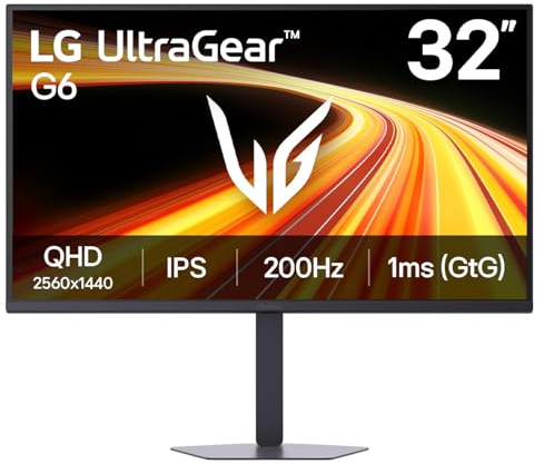 LG UltraGear™ G6 32G620B-B 32 inch QHD 200Hz IPS Gaming Monitor | HDR10, 1ms GtG, G‑SYNC Compatible, FreeSync Premium, Tilt/Pivot/Height/Swivel Adjustable Stand, HDMI, DP, Black