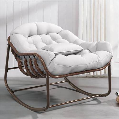 GarveeMore Fauteuil à Bascule Papasan XXL résine tressée Marron‑écru | structure métallique robuste et base en bois, idéal pour patio, jardin, balcon et porche