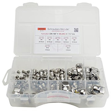 Sortiment Edelstahl A4 Hutmuttern DIN 1587, M3 bis M12, 110 Teile, Material: V4A VA