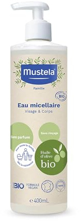 Mustela Agua Micelar BIO, Aceite de Oliva y Aloe Vera, Cara, Cambio de Pañal, Maquillaje, Bebé, Toda la Familia - Limpia suavemente sin aclarar, 99% Ingredientes de Origen Natural (400ml)
