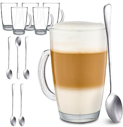 Cosumy 6 Tazas de Latte Macchiato con Asa y Cucharillas Largas - 300ml - Aptas para Lavavajillas - Vasos para té y café
