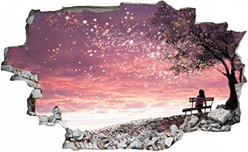 3D-Effekt Wandtattoo Aufkleber Durchbruch selbstklebendes Wandbild Wandsticker Stein Wanddurchbruch Wandaufkleber Tattoo,Frau auf der Bank Alter Baum,Größe:80x120cm