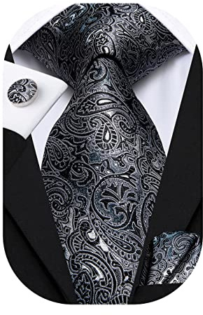 Hi-Tie Herren Seiden Krawatte Set Dunkelgraue Paisley Jacquard Krawatte mit Einstecktuch Manschettenknöpfe Für Hochzeit